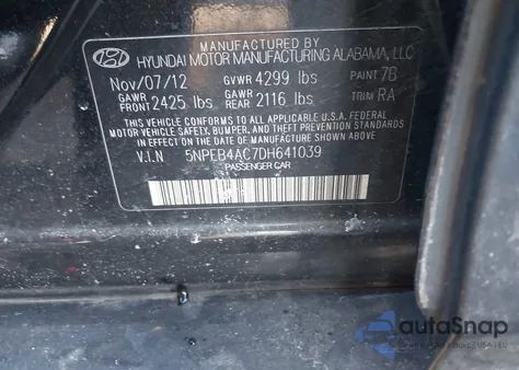 2013 Hyundai Sonata Gls из США, поврежденный, VIN 5NPEB4AC7DH641039